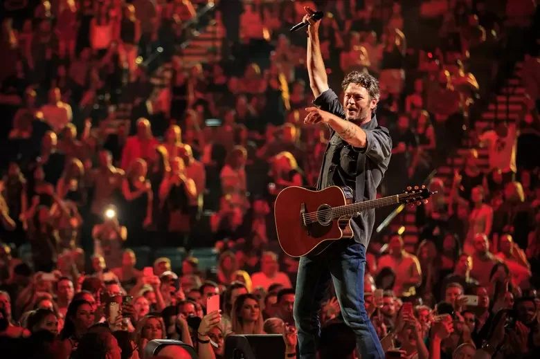 Singer holding guitar above a crowd